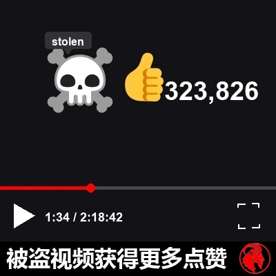 一个 YouTube 风格播放器控制栏的特写，上面有一枚海盗骷髅与交叉弯刀的图标，鼠标悬停提示标注为「盗版」；播放器下方，一个点赞图标旁标着 323,826 个赞