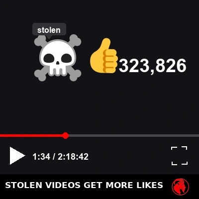 Close-up of a YouTube-style player control bar showing a pirate skull-and-crossed-sabres icon labeled 'stolen' in tooltip; below the player, a thumbs-up icon next to 323,826 Likes